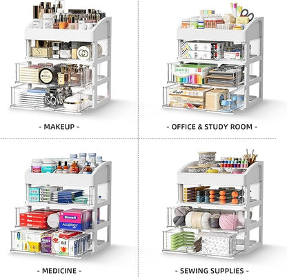 Desk Organizer with Drawers, 3 Drawers Storage Organizer, Desktop Storage Drawers for Office/School Supplies, Plastic Stationary Makeup Organizer, Desk Storage Box for Office, School, Home