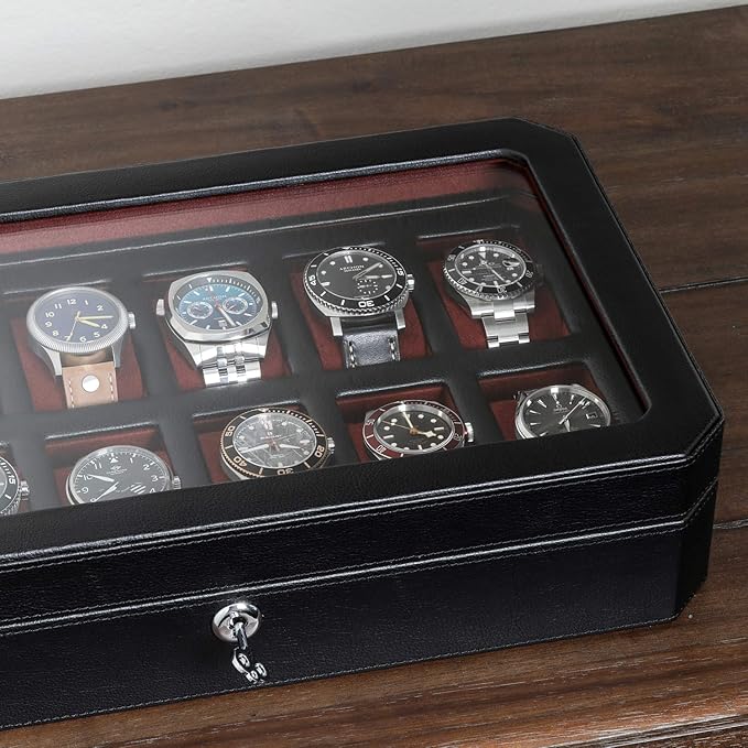 ROTHWELL 12 Slot Leather Watch Box for Men - Luxury Case Display Jewelry Organizer with Microsuede Liner - Travel Jewelry Case for Mens Accessories, Travel Organizer (Black & Red)