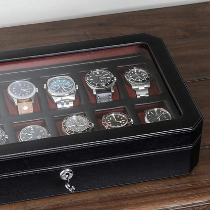 ROTHWELL 12 Slot Leather Watch Box for Men - Luxury Case Display Jewelry Organizer with Microsuede Liner - Travel Jewelry Case for Mens Accessories, Travel Organizer (Black & Red)