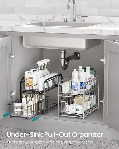 SONGMICS 2-Tier Pull Out Cabinet Organizers, Under Sink Organizer, Bathroom Organizer and Storage, Sliding Basket Drawers, Stackable for Kitchen, Bathroom, Ink Black UKCS017B01