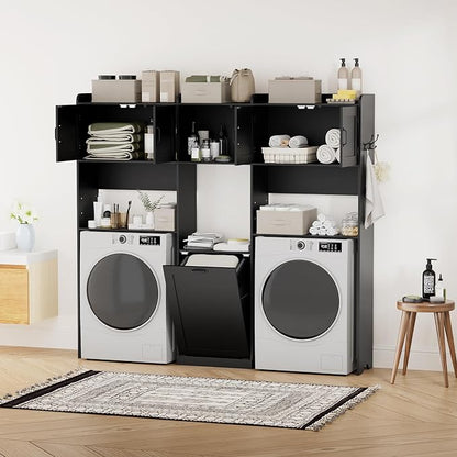 Over The Washer and Dryer Storage Cabinet, Laundry Room Organizer Standing Shelf with Tilt-Out Laundry Hamper Cabinet and Hooks, Space Saving Laundry Room Cabinets