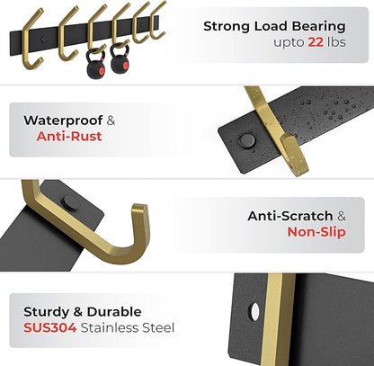 Coat Rack Wall Mount – Black and Gold Hook Rail with 6 Double Coat Hooks, 17 Inch Stainless Steel Wall Hooks for Entryway, Bathroom, Bedroom, Closet, Towel, Hat, Bag, Heavy Duty Organizer