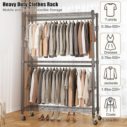 BATHWA Heavy Duty Garment Rack on Wheels, Rolling Clothes Racks for hanging clothes, Simple Sturdy Wardrobe Rack with Double Hanging Rods, 8 Side Hangers, Gray