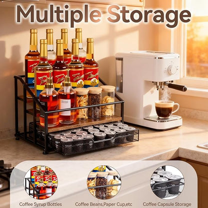 Coffee Syrup Rack Organizer, 4-Tier 12 Bottle Syrup Rack with 35 K Cup Drawer for Coffee Bar, Countertop Bottle Holder Stand for Dressing for Kitchen Cafe Station