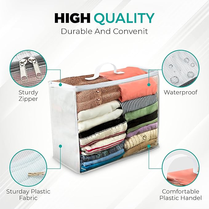 VitalUp 6 pack Clear Plastic Storage Bag with Zipper, Foldable Moving Bag for Comforters, Blankets, Bedding, Storage Containers, Breathable, Durable Clothes and Duvet Closet Organizers, 20x20x8