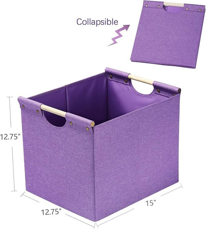 HOONEX Large Foldable Storage Bins, Linen Fabric, Pack of 2, Storage Baskets with Wooden Carry Handles and Sturdy Heavy Cardboard, for Home, Office, Car, Nursery, Purple