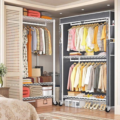 Raybee Heavy Duty Clothes Rack with Cover, 81" H Clothing Racks for Hanging Clothes, Portable Closet with Wheels and Adjustable Feet, Max Load 440LBS, White
