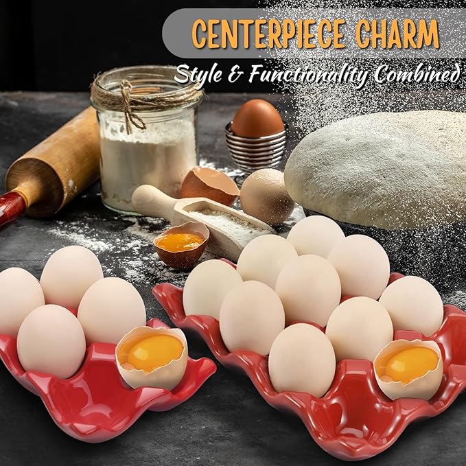 Flexzion 12 + 6 Cups Ceramic Egg Holder for Fridge - 18 Porcelain Egg Tray Container Keeper Storage Organizer Decorative Serving Stand Serveware for Refrigerator Countertop Display Kitchen (Red)