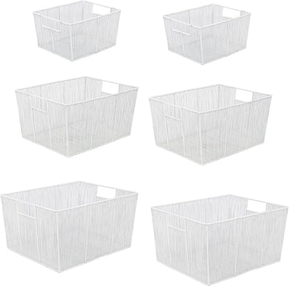 happimess BSK3000B-6SET Sutton Modern Glam Nesting Wire Metal Storage Baskets for Shelves, Cabinets, Pantry, Countertop, Mesh Open Bin Basket for Organizing Supplies, White (Set of 6)