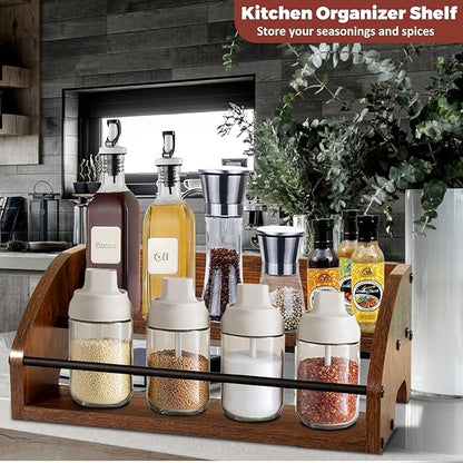 Rustic Wooden Countertop Organizer Brown - Liquor Bottle Display Shelf, Coffee Syrup Rack, Mini bar, Liquor Cabinet, Home Retro Bar Shelf Stand for Liquor Whiskey, Spirits