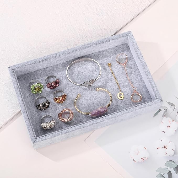 Mornajina 2 Pcs 9" x 5.7" Velvet Jewelry Tray Jewelry Display Tray, Stackable Empty Plate Trays for Earrings Necklaces Bracelet Rings Display Showcase - Grey