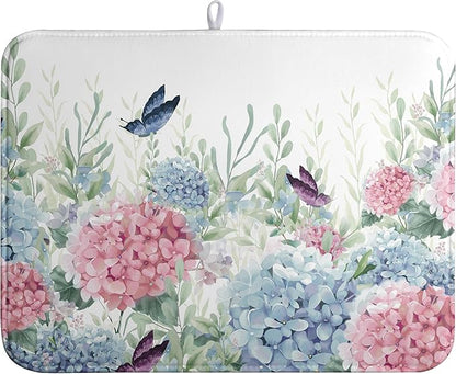 Spring Flowers Dish Drying Mat for Kitchen Counter Blue Pink Hydrangea Floral Drying Mats Absorbent Reversible Microfiber Dish Draining Mat Reusable Washable Dishes Pad Extra Large 18"x24"
