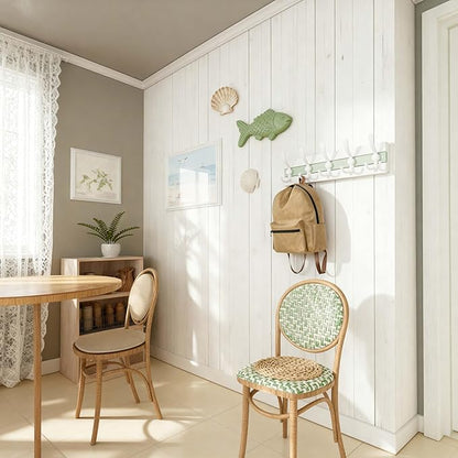 SKOLOO Coastal Wall Mounted Coat Rack - 16-7/8" Beach House Entryway Wooden Coat Hook with 5 Hooks for Hanging Coats, Hats or Towels, Oceanfront Cottage Core Collection, White & Green