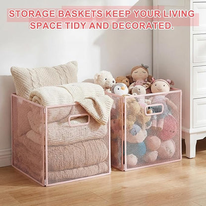 2 Pcs Foldable Metal Cube Storage Baskets 13" x 13" Pink Kitchen Wire Baskets Stackable Mesh Laundry Organizer Bin with Handles for Shelves Kitchen Pantry Cabinets Closet Food
