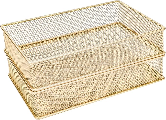 Annova Mesh Stackable Drawer Cabinet and Shelf Organizer Bins Storage Basket School Office Supply Holder Tray- Set of 2 (Gold, 6x9x2 Inch)