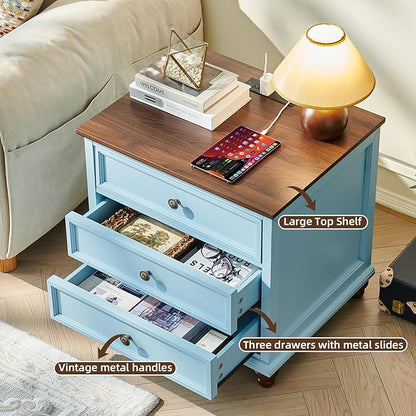 Joaxswe Farmhouse Nightstand Set of 2 with Charging Station, 24" Wide End Table with 3 Drawers,Dresser for Bedroom,Bed Side Table Chest of Drawers Cabinet,Wood Light Blue Night Stand for Living Room