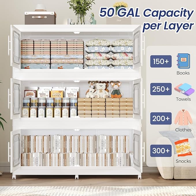 250Gal Exra Large Stackable Storage Bins with Lid, 1000QT Collapsible Storage Box with 6x Wheels, Folding Plastic Cabinet Container with Door Drawer for Home Kitchen Office Dorm, 5Pack White