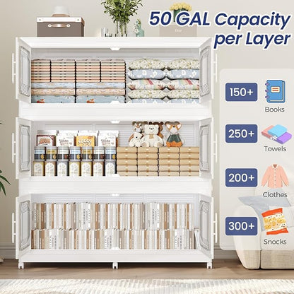 250Gal Exra Large Stackable Storage Bins with Lid, 1000QT Collapsible Storage Box with 6x Wheels, Folding Plastic Cabinet Container with Door Drawer for Home Kitchen Office Dorm, 5Pack White