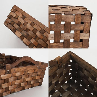 Rectangular Wicker Basket, Woven Wooden Storage Tray with Handles for Gift Bread (Dark Brown)