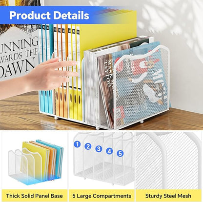 Simple Trending Mesh Desktop File Sorter Organizer, 5-Section Bookshelf for Desk Home Office, White