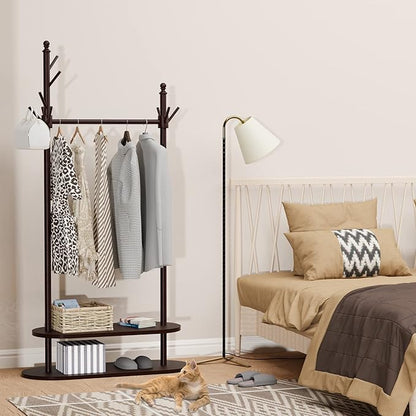 2-Tier Coat Rack Freestanding, Easy Assemble 8 Hooks Wooden Coat Rack with Shoe Storage Sturdy Coat Tree Save Space, Rustic Coat Stand for Entryway, Bedroom, Office (Dark Brown)