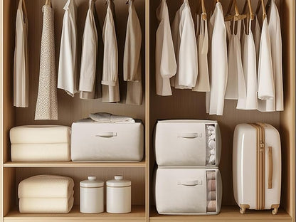 TomVista Large Canvas Clothes Storage Bags with Thick Handles and Clear Window, Foldable Cotton Linen Closet Organizer for Clothing, Blankets and Bedding, 70L, 2 Pack, Beige