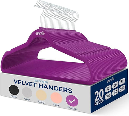 SereneLife 20 Pack Velvet Hangers – Non-Slip Clothes Hangers with Heavy Duty Design, Slim Space-Saving Coat Hangers with 360° Swivel Hook, Strong Lightweight Closet Organizer Set for Clothes (Purple)