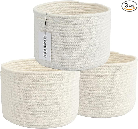 Woven Cotton Storage Baskets - 3-Pack Round Bins (10x10x7'') for Shelves, Closets & Bookcases | Durable Rope Organizers for Nursery, Baby, Toys, Easter & More (white)