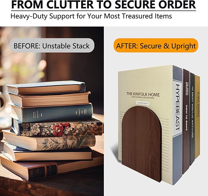 Walnut Wood Book Ends for Shelves - Hand Polished Edges, Non-Skid Bookends for Heavy Duty Book Holders Office Desk Shelves Decorative Book Organizer, 6.69"H x 4.72"W x 3.94"L (2 Pairs)