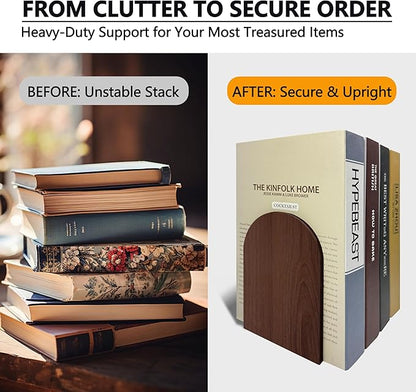 Walnut Wood Book Ends for Shelves - Hand Polished Edges, Non-Skid Bookends for Heavy Duty Book Holders Office Desk Shelves Decorative Book Organizer, 6.69"H x 4.72"W x 3.94"L (2 Pairs)