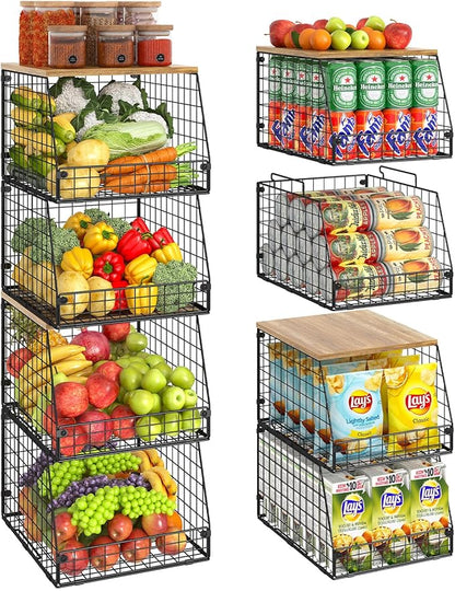 4 Pack Stackable Wire Baskets with Fixed Wooden Top, Vegetable Fruit Storage Bins for Onion Potato Snack, Pantry Baskets for Kitchen Cabinet Countertop, Pantry Organizers and Storage Rack