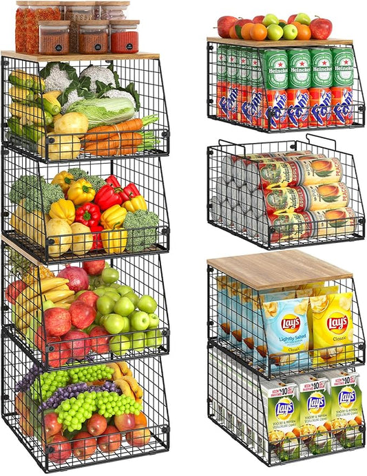 4 Pack Stackable Wire Baskets with Fixed Wooden Top, Vegetable Fruit Storage Bins for Onion Potato Snack, Pantry Baskets for Kitchen Cabinet Countertop, Pantry Organizers and Storage Rack