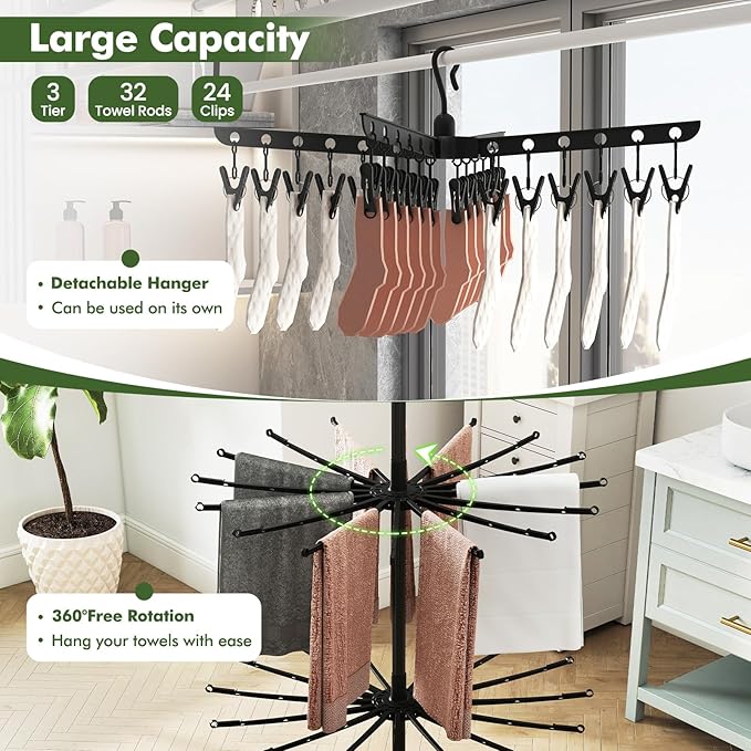 Tangkula 3-Tier Portable and Foldable Drying Rack, 70"H Freestanding Towel Rack with 32 Rods, 24 Clips, Detachable Top Hanger, 360° Rotatable Tripod Laundry Stand for Indoor, Poolside, RV Trip (Black)
