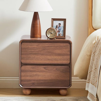 Small Night Stand Set of 2, Mid Century Modern Nightstands with 2 Drawers and Solid Wood Legs, 2 Drawer Dresser Curved Profile Design End Table Side Table for Small Space, Dorm, Bedroom(Walnut)