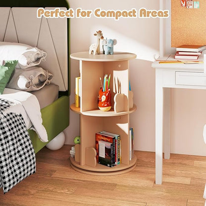 Costzon Kids Rotating Bookshelf, 2 Tier Small Book Shelf with Bookends, 360° Display Spinning Bookshelf Tower, Corner Bookshelf for Small Space, Kids Room, Bedroom, Nursery (Coffee)