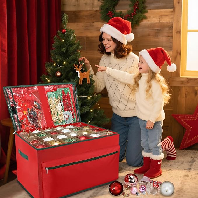 WDZREE Large Christmas Ornament Storage Box, Stores Up to 72-4" Ornaments Balls, 3 Individual Trays with Adjustable, Christmas Container Perfect for Holiday Decorations, 600D Oxford Fabric Tear-Proof