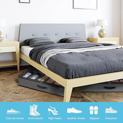 Under Bed Shoe Storage Organizer for Closet, Fits 24 Pairs Underbed Shoes Box Storage Containers Under the Bed Storage Foldable with Sturdy Handles&Clear Window for College Dorms Grey, Set of 2
