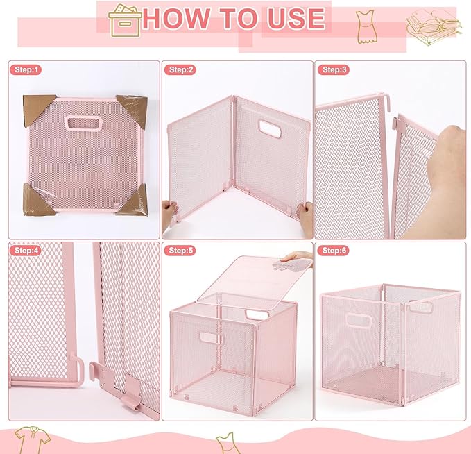 2 Pcs Foldable Metal Cube Storage Baskets 13" x 13" Pink Kitchen Wire Baskets Stackable Mesh Laundry Organizer Bin with Handles for Shelves Kitchen Pantry Cabinets Closet Food