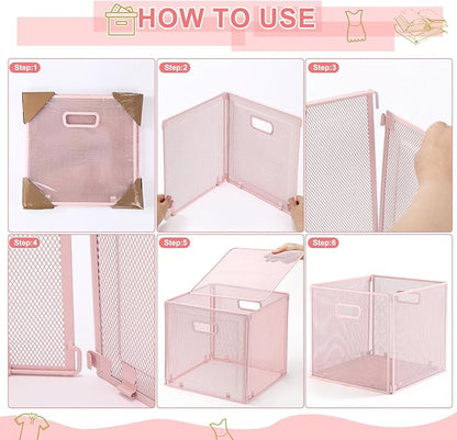 2 Pcs Foldable Metal Cube Storage Baskets 13" x 13" Pink Kitchen Wire Baskets Stackable Mesh Laundry Organizer Bin with Handles for Shelves Kitchen Pantry Cabinets Closet Food