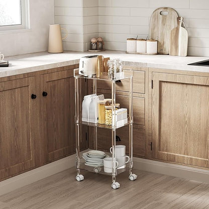 HMYHUM Small Acrylic Bar Cart, 15.2" L x 11.2" W x 34.2" H, 3 Tier Mini Rolling Serving Cart with 4 Lockable Wheels for Home Bar, Kitchen, Living Room, Modern, Clear