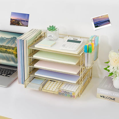 OPNICE Desk Organizer, 5-Tier Paper File Organizer with Drawer & Pen Holder, Office Desk Accessories, Workspace Desktop Organizer for Office Supplies(Gold)