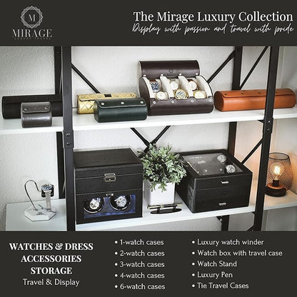 Watch Roll Case Organizer - Watch Travel Case for Men and Women - 3 Watch Carrying Case and Display - Jade Black with Mahogany Brown Interior Vegan Leather