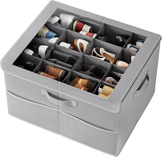 PHINOX Shoe Organizer for Closet, Fits up to 16 Pairs, Shoe Storage Bins with Clear Cover and Reinforced Handles, Foldable Shoe Storage Organizer, Space Saving Shoe Holder for Wardrobe, 1 Pack Grey