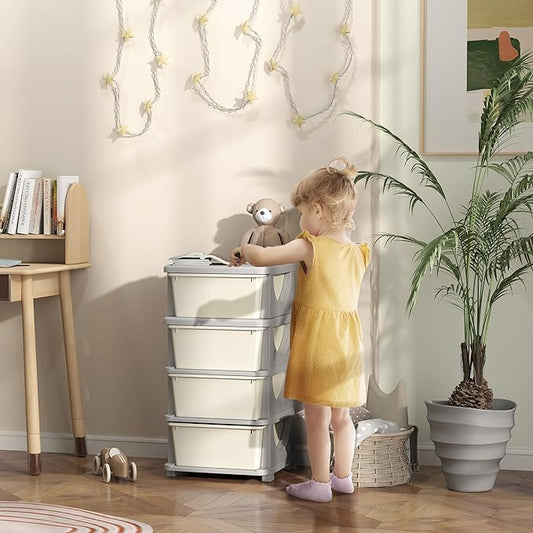 Qaba 4 Tier Kids Storage Unit, Toy Organizers and Storage with 4 Drawer Chest for Kids Bedroom Nursery Kindergarten Living Room for Boys Girls Toddlers, Cream White