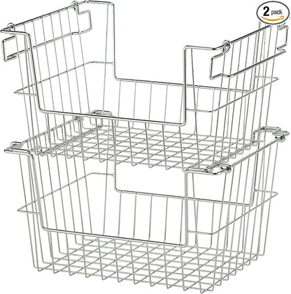 TRINITY 2-Pack Stackable Metal Wire Storage Baskets With Handles, EcoStorage Chrome, 14 Inches