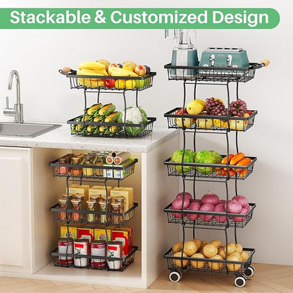 Fruit Basket Kitchen Pantry Organizers and Storage - 5 Tier Stackable Metal Wire Basket Stand for Fruit Vegetable Snacks Jars Bins Containers Organization, Black