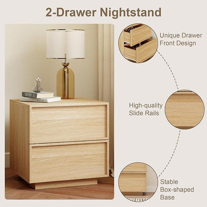 RYWI11OUSE Wooden Nightstand with Storage,Modern Night Stand with 2 Drawers, Bedside Table for Bedroom, Natural Oak