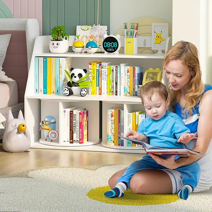 NACHES Wooden Kids Bookcase with 2 Rotating Shelves 3 Tier Children Bookshelf Toddler Toys Organizer Multi Functional Wood Storage Bookshelf for Kids Rooms Nursery, White