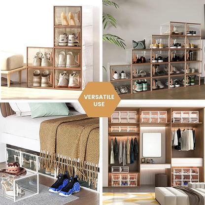 ADTO X-Large Stackable Shoe Boxes - Clear Plastic Shoe Storage Boxes with Magnetic Door, Thicken Shoe Organizer for Closet, Space Saving Foldable Shoe Containers Bins for Sneaker Boot - 8 Pack(Brown)