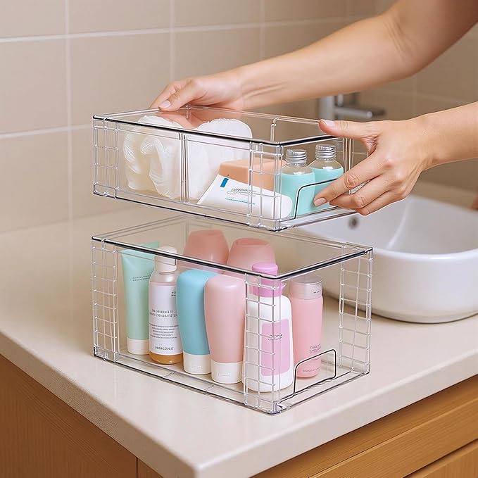 Clear Stackable Acrylic Storage Drawers(4 Pack), Plastic Organizer Bins with Handles, Easy Assembly for Bathroom Kitchen Pantry Cabinet Under Sink Snack Home Storage Solutions